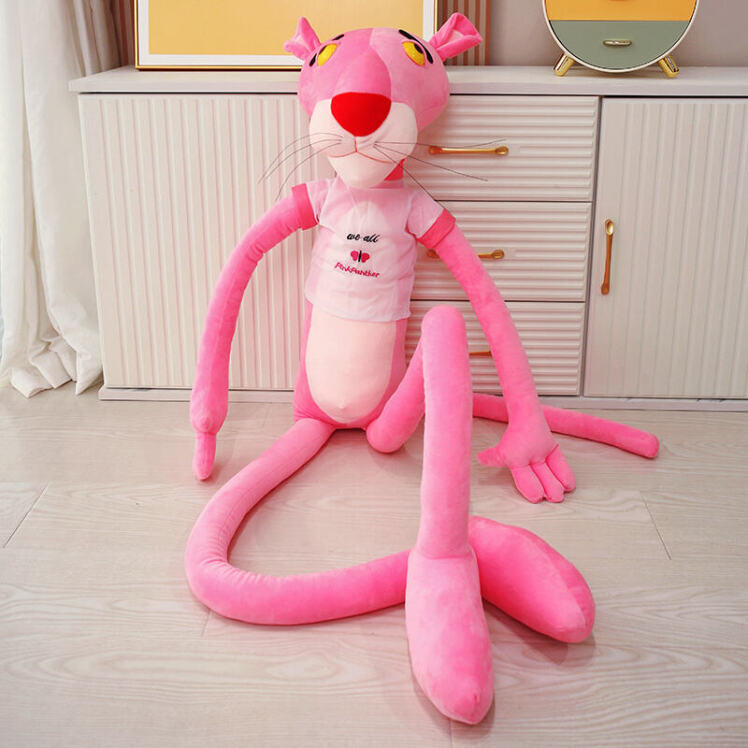 عروسک بغلی پلنگ صورتی لباس‌دار بزرگ، رویه پولیشی مخمل نانو، الیاف ویسکوز پنبه (عروسک اورجینال خارجی)